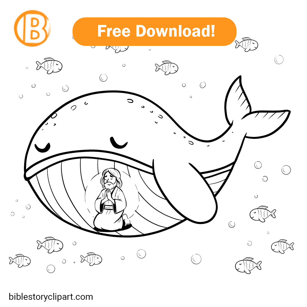 Jonah and the Big Fish Coloring Page - Bible Story Clipart