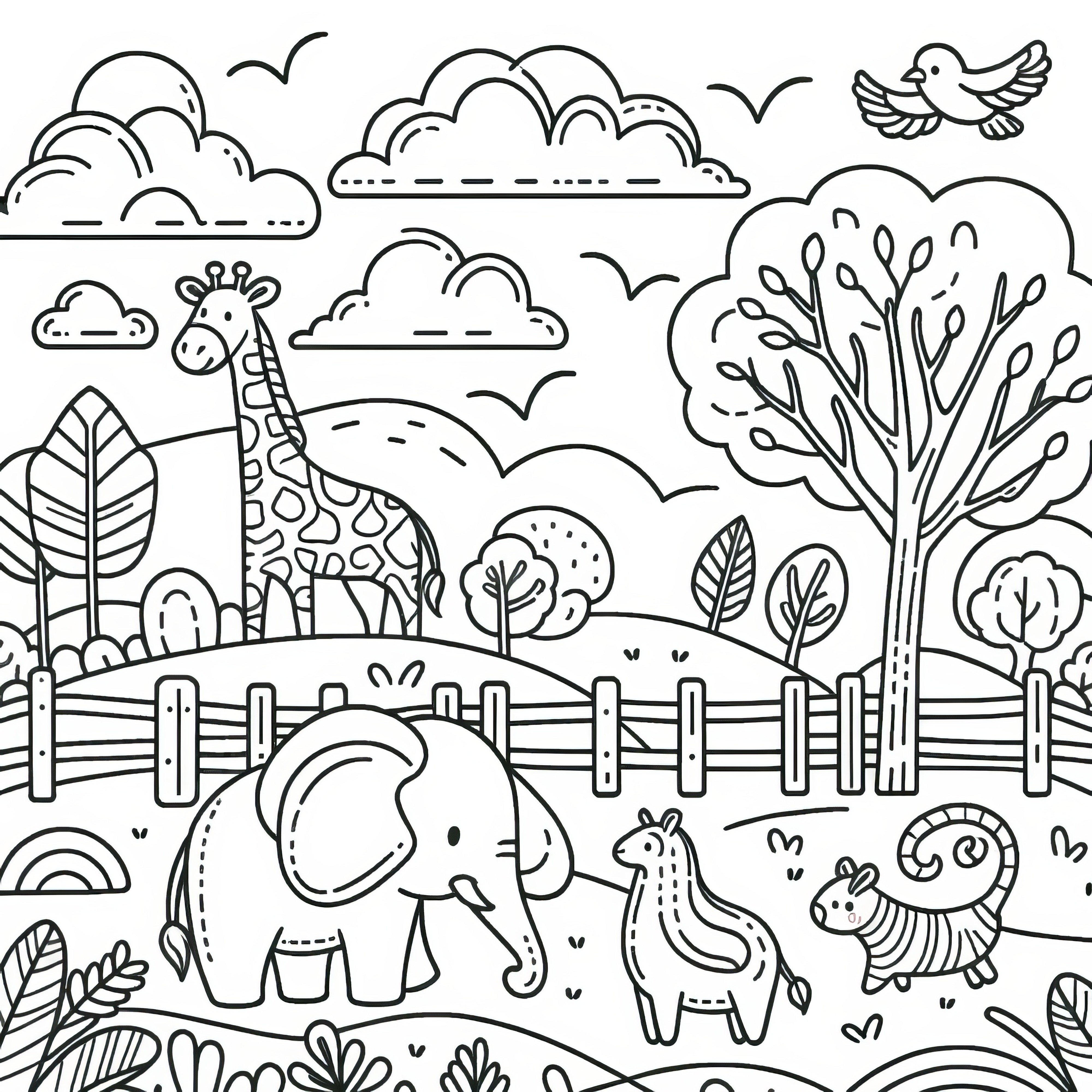 Cute animals in the zoo: Elephant and giraffe for coloring (free)
