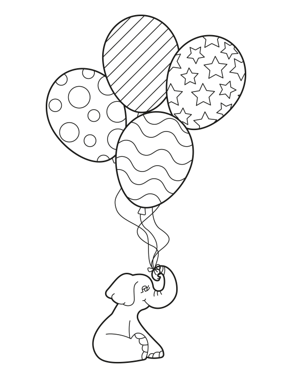 Printable Elephant with Balloons Coloring Page
