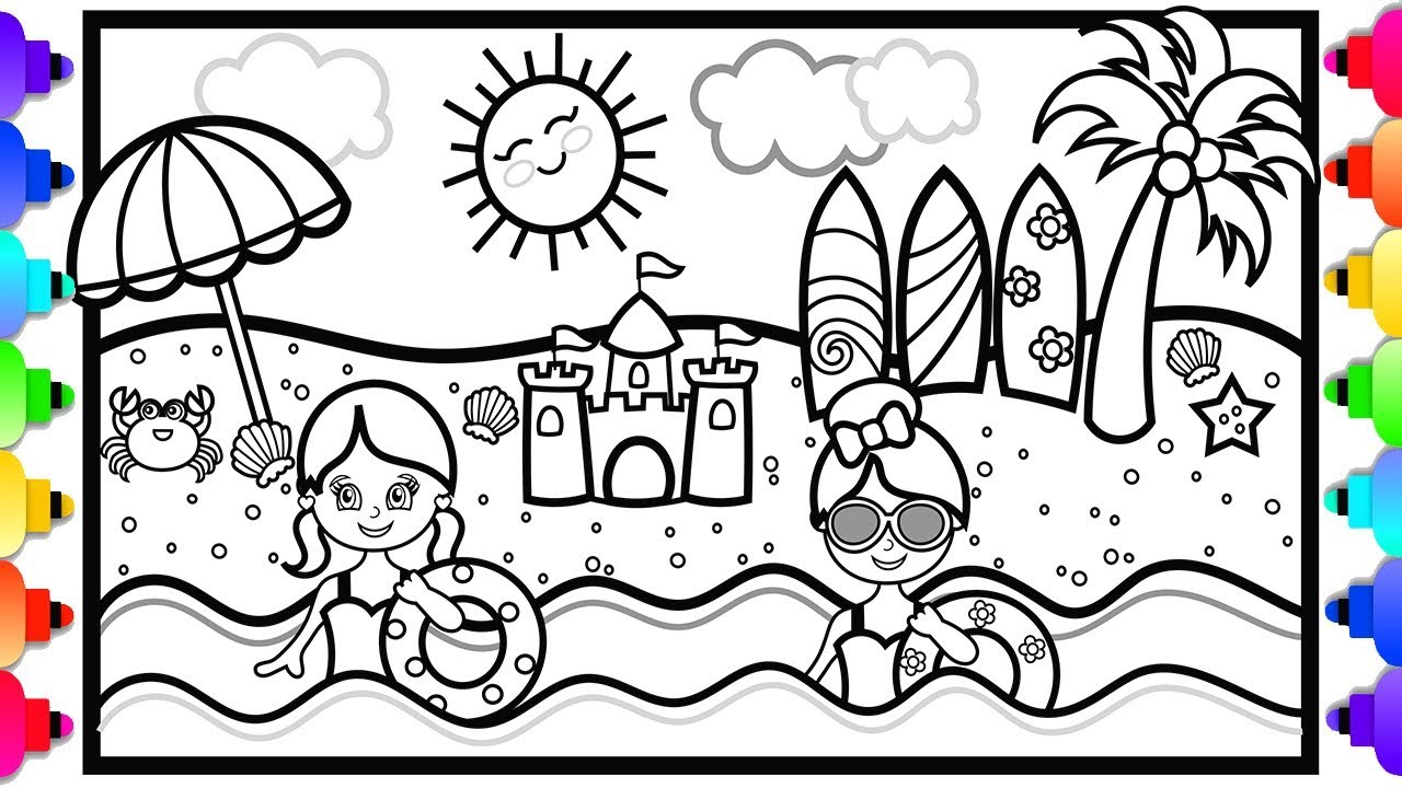 How to Draw a Beach Scene for Kids ???Beach Coloring Page for Kids ???