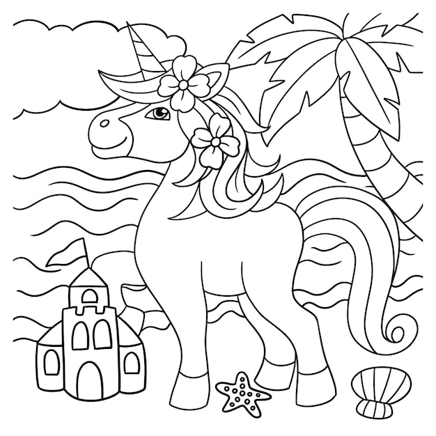 Premium Vector | Unicorn On The Beach Coloring Page for Kids