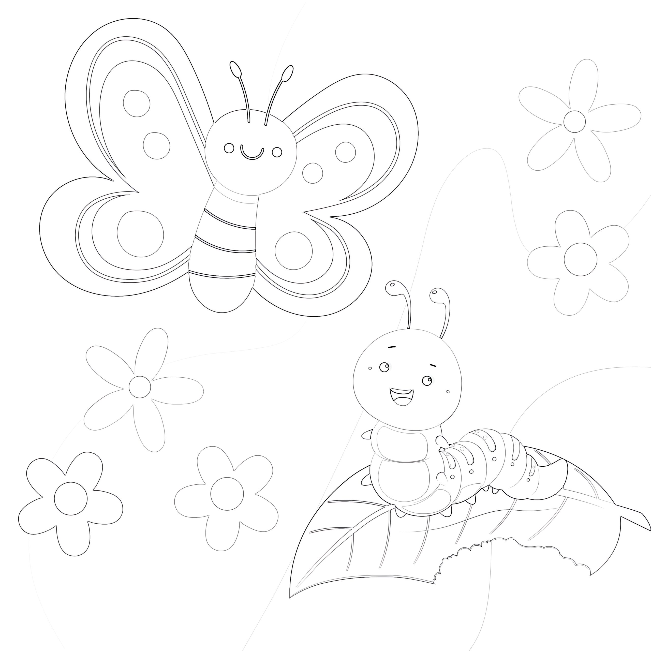 Butterfly And Caterpillar Coloring Pages | Coloring Pages Mimi Panda