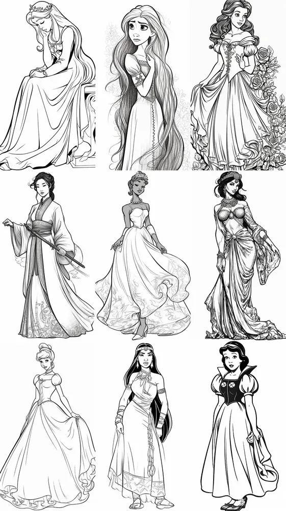 Disney Princess Coloring Pages Midjourney Prompt | PromptBase