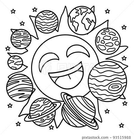 Happy Sun and Solar System Coloring Page for Kids - Stock ...