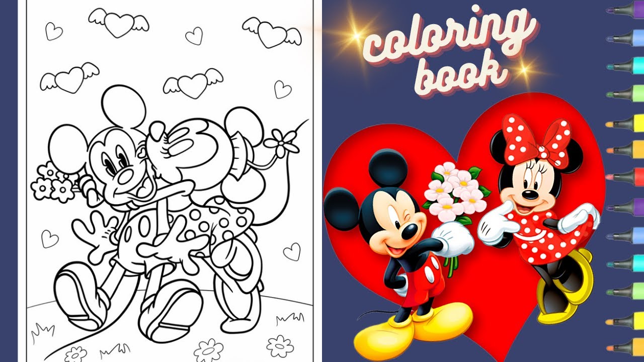 Mickey Mouse coloring page. Valentines day coloring page. Coloring mickey &  minnie Valentines day.