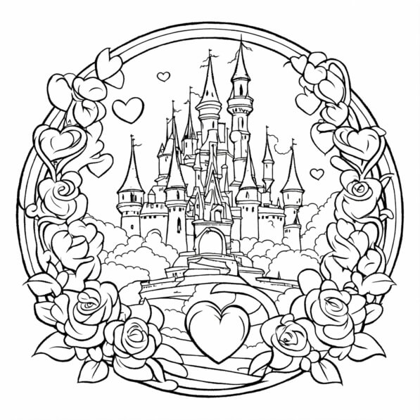 Download Disney Castle Coloring Page with Roses and Hearts ...