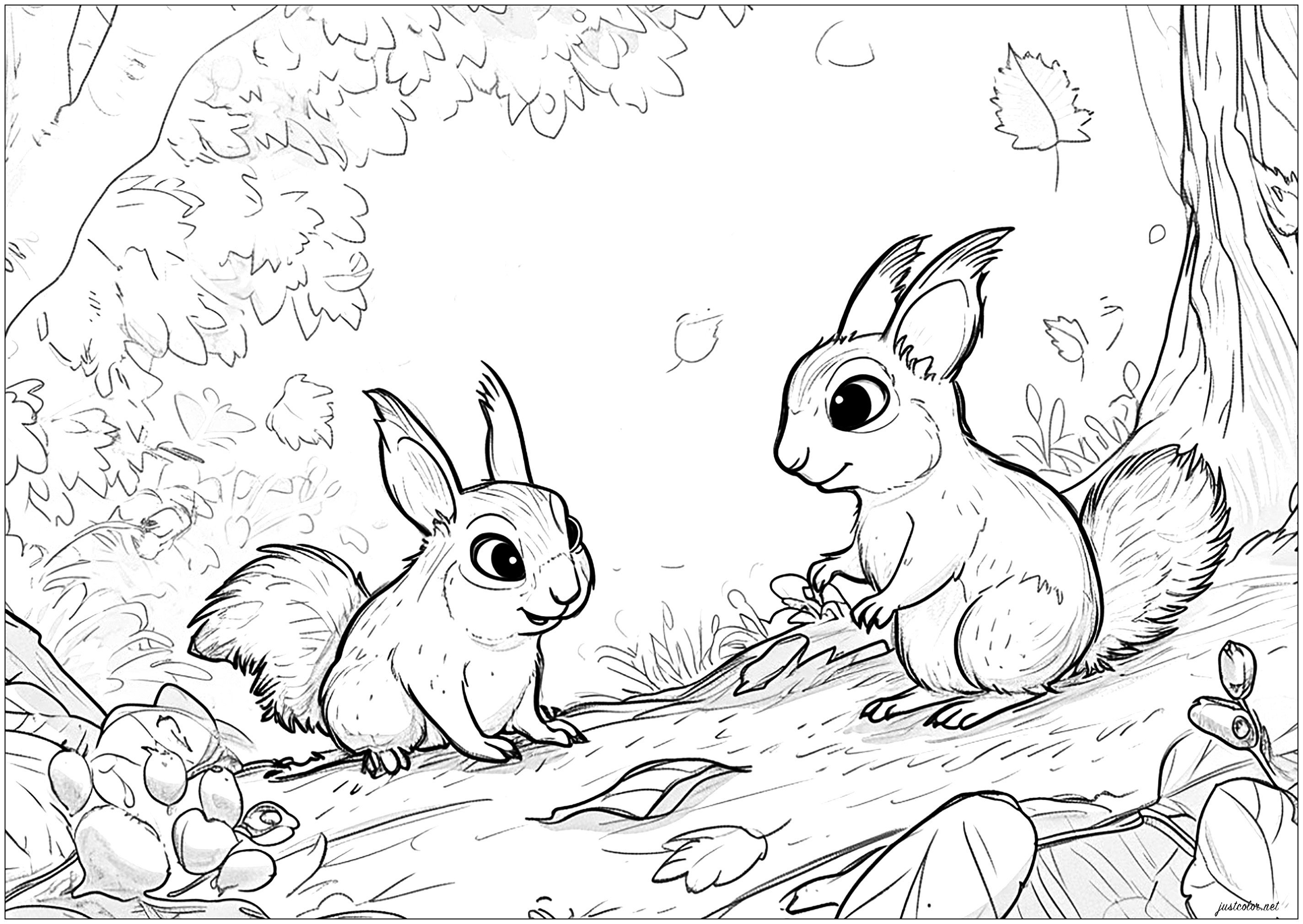 Two little squirrels on a tree branch - Squirrel Coloring Pages