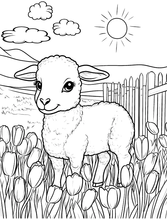 Adorable Baby Lamb in Tulip Field Easter Coloring Sheet - Mindset Flow