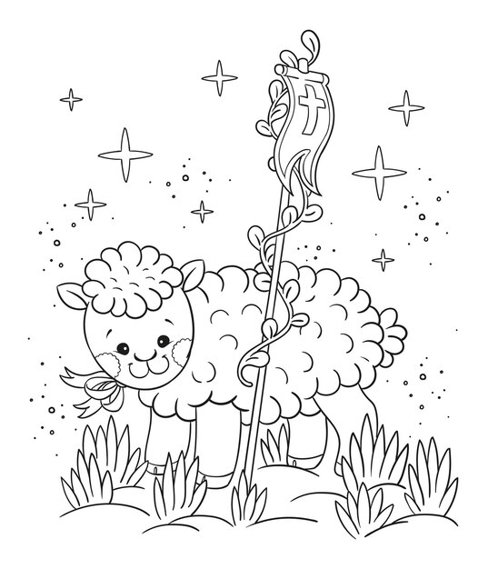 Premium Vector | Cute easter lamb with flag and ribbon colouring page