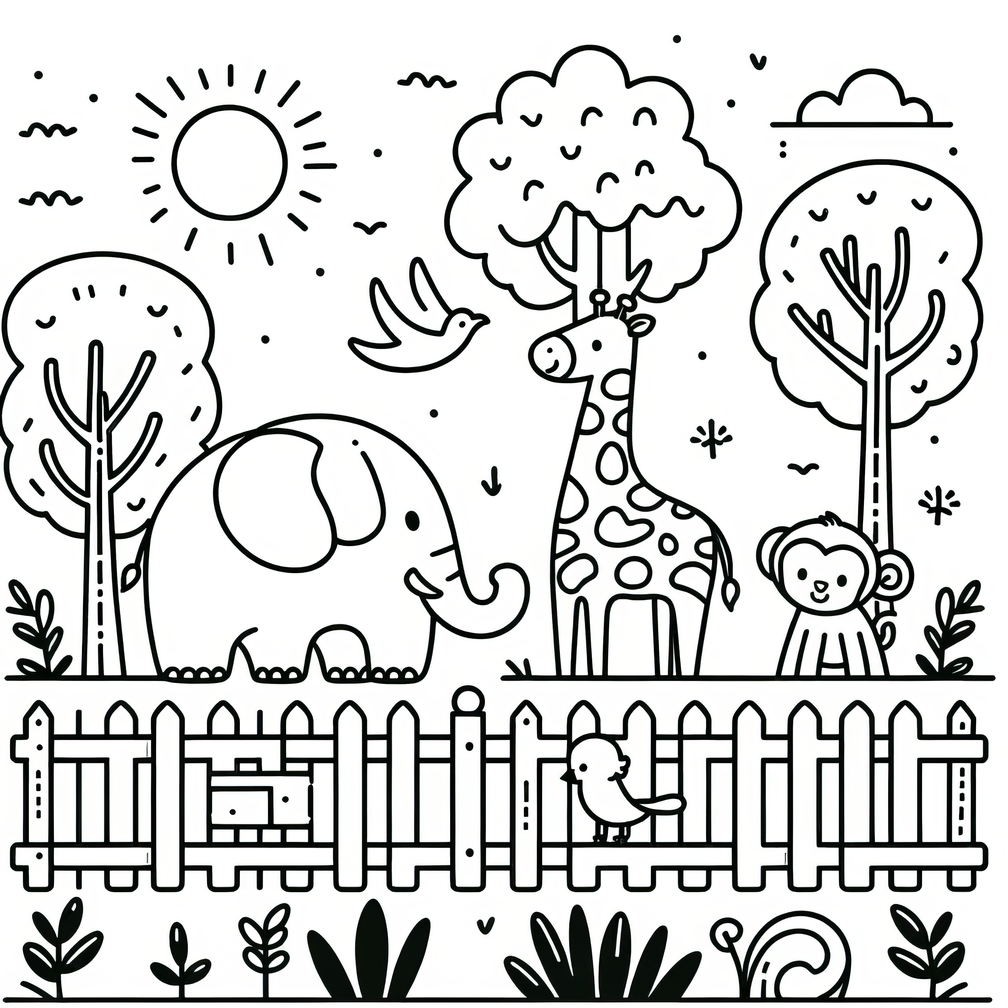 Simple coloring page for children: Zoo with funny animals (Free)