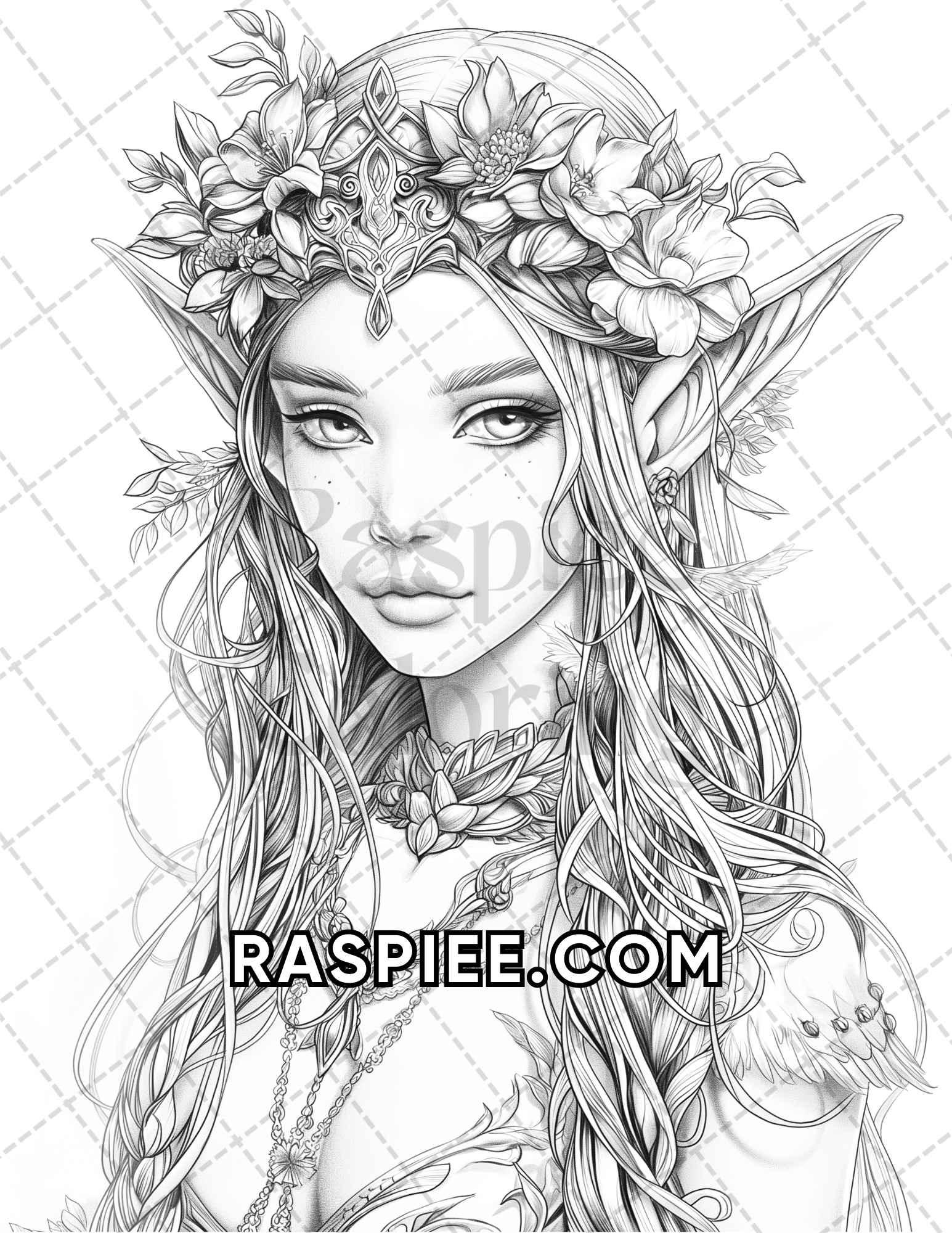 60 Fantasy Beauties Grayscale Adult Coloring Pages Printable PDF Instant  Download