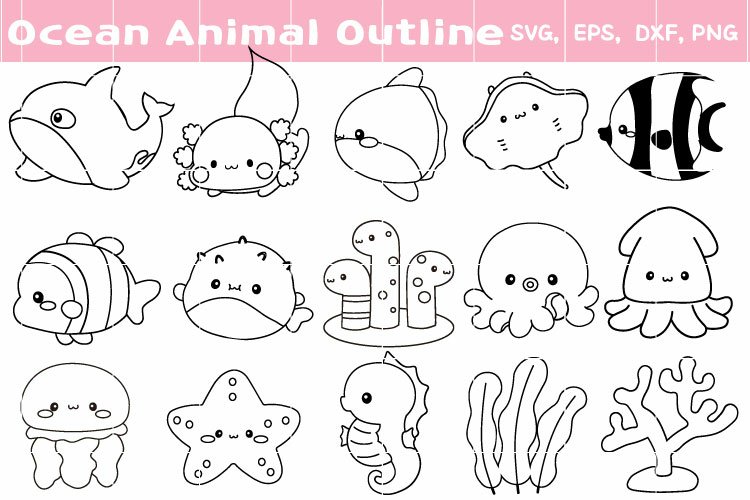 Ocean Animals, Silhouette, Outline,Coloring page.Cricut cut